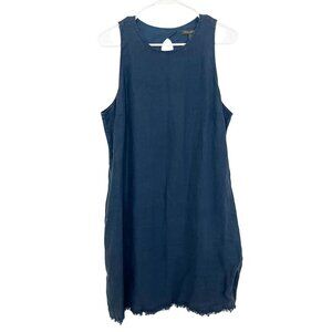 Tommy Bahama Two Palms Linen Shift Dress Navy Blue Frayed Hem - Size Large